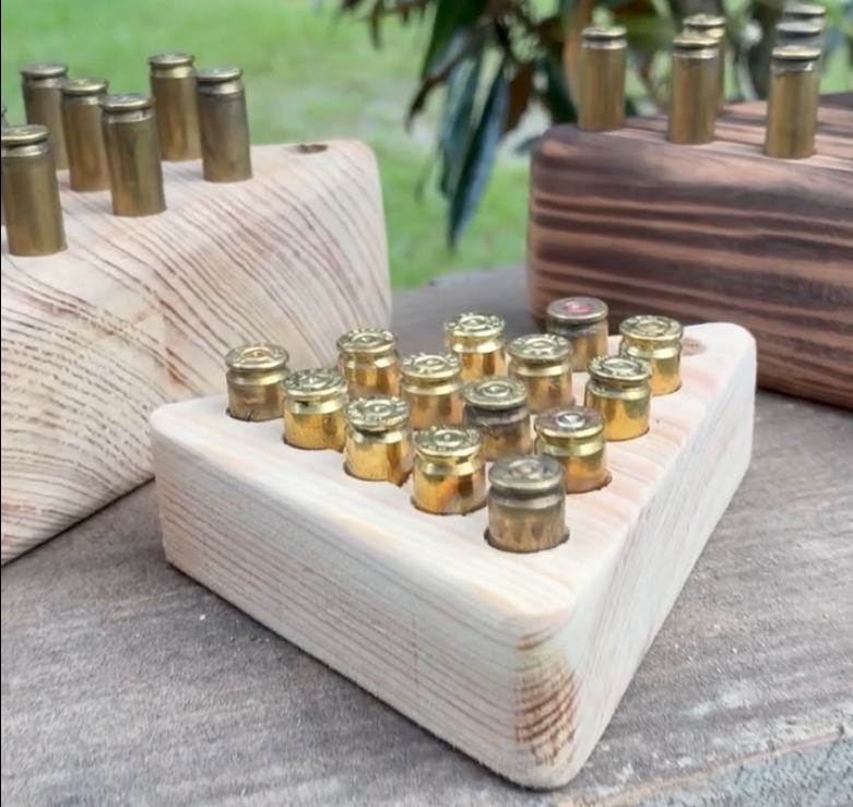 9mm Tricky Triangle Game with a light wooden triangular board and short brass-colored playing pieces